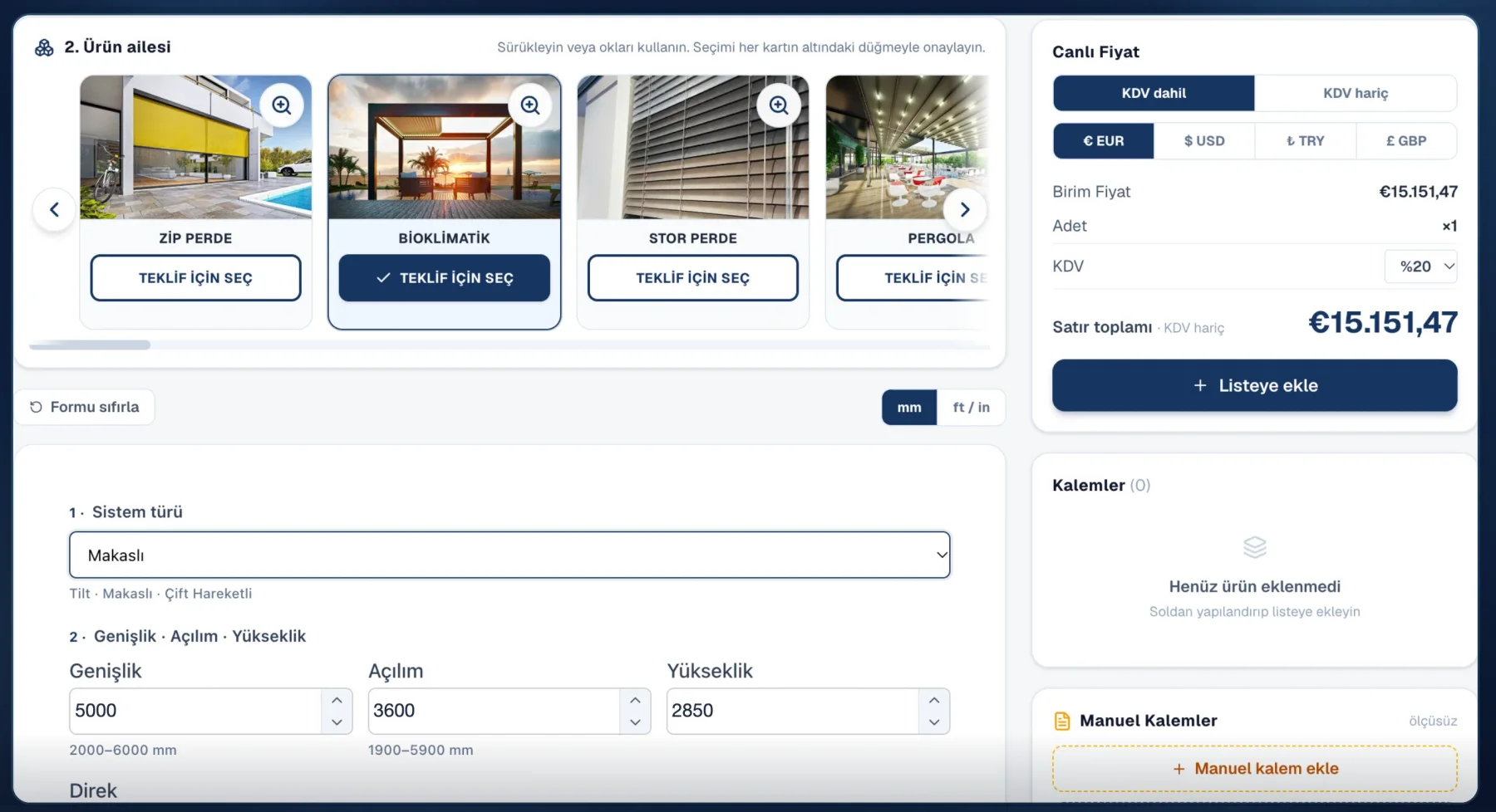 Atlas Solo fiyat hesaplama ekranı